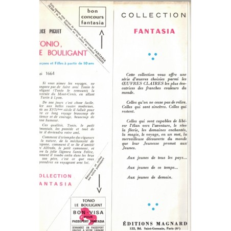 Tonio le bouligant, Alice Piguet, 1964 - collection Fantasia Magnard, amitié voyages Italie littérature Jeunesse