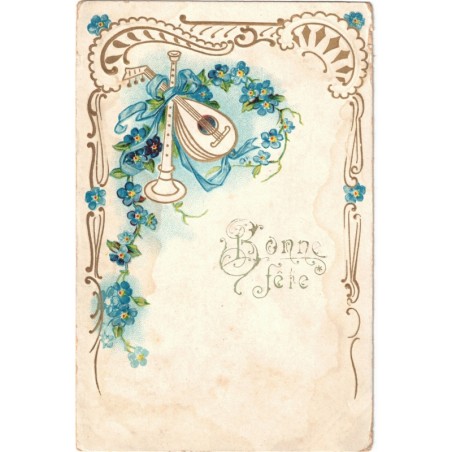 Carte postale Mandoline & flûte, 1906, timbre France type Sage 5c, Lille - carte postale ancienne Bonne fête, philatélie
