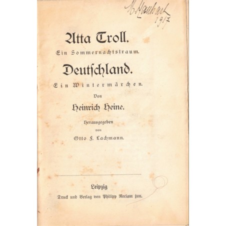 Atta Troll ein Sommersnachtstraum Deutschland, Heinrich Heine, 1917 - Litteratur, Märchen, Helios Klassiker Ausgaben