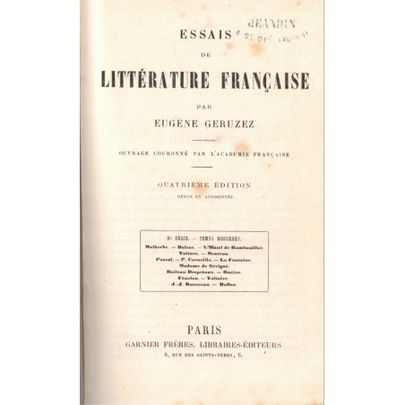 Essais de littérature française, Temps modernes, Eugène Geruzez - éditions anciennes anthologie Littérature 18e s. et 19e s.
