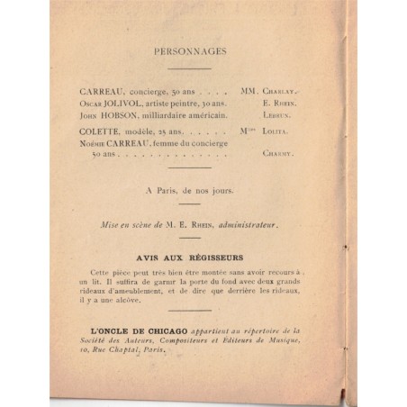 L'oncle de Chicago, Autigeon, 1913 - opéra pièce bouffe, théâtre vaudeville