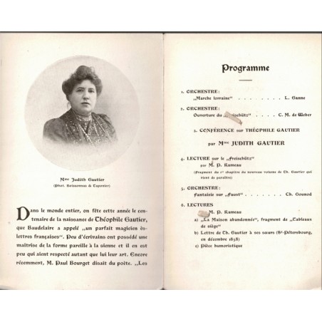 Programme Centenaire de Théophile Gautier, 1911, à Strasbourg - écrivains XIXe siècle, spectacles, alsatiques