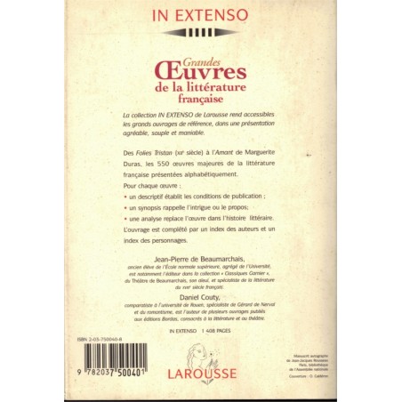 Dictionnaire Grandes œuvres de la littérature française, J.P. de Beaumarchais, In Extenso, 1998 - anthologie écrivains français