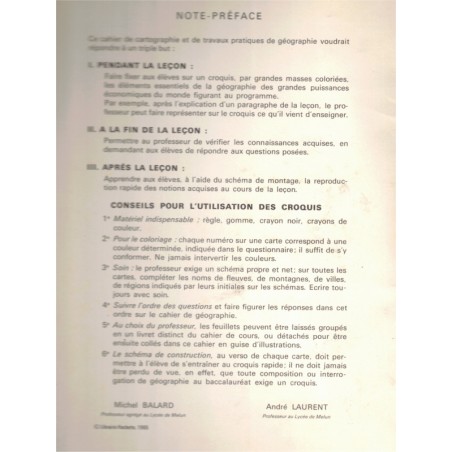 Cahier de cartographie dirigée, classe Terminale, Balard et Laurent, 1965 - manuels de géographie, topographie,