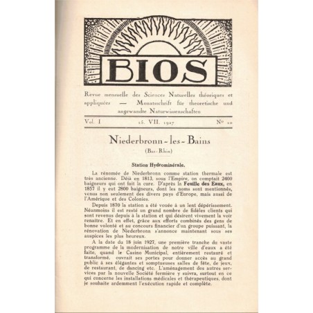 Bios n°10 1927 revue des sciences naturelles, Monatsschrift für Angewandte Naturwissenschaftern - Niederbronn, alsatiques