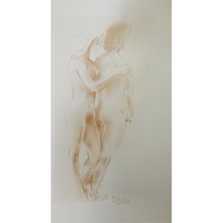 Poster d'après fusain de Paula Noailles, couple nu enlacé - affiche, beauté féminine, nu artistique,