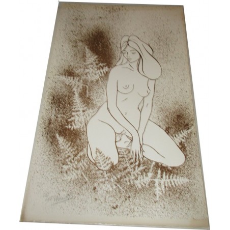 Lithographie numérotée signée Paula Noailles, femme nue aux fougères