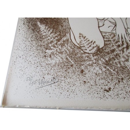 Lithographie numérotée signée Paula Noailles, femme nue aux fougères