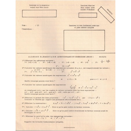 Cours d'algèbre élémentaire, et Questionnaire d'application, Institut moderne polytechnique