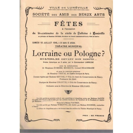 Programme fêtes Lorraine ou Pologne ? Bicentenaire de Voltaire à Lunéville, 1948 - théâtre, histoire Lorraine