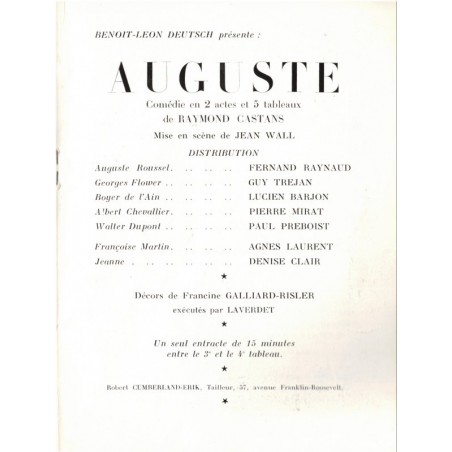 Programme "Auguste" de Raymond Castans, Théâtre des Nouveautés  - spectacles, acteurs, revues théâtre, vaudeville