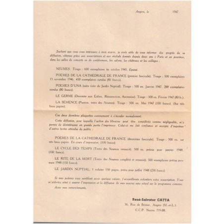 René-Salvator Catta, Poèmes de la Cathédrale de France I, 1947 avec dédicace et lettre écrivain