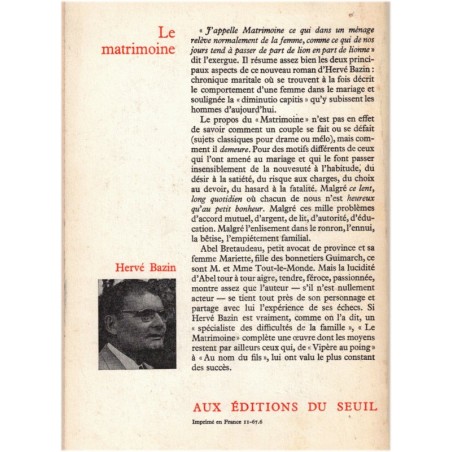 Le matrimoine, Hervé Bazin, 1967 - mariage en 1970, romans français, écrivains français