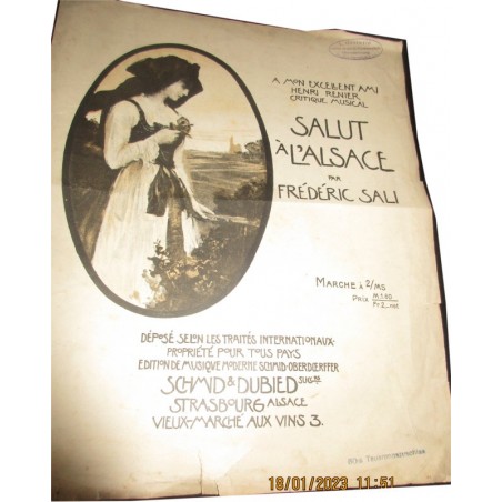 Salut à l'Alsace, Frédéric Sali - chant patriotique, Alsace Lorraine,  partition de musique,