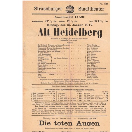 Strassburger Stadttheater, Alt Heidelberg, 1917 - théâtre alsacien, journal alsacien, alsatiques, revues théâtre, affiche
