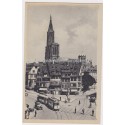 Carte postale place Corbeau, Rabenplatz, Strasbourg, 1920 - vue sur la Cathédrale, tramway, Alsace,
