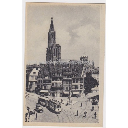 Carte postale place Corbeau, Rabenplatz, Strasbourg, 1920 - vue sur la Cathédrale, tramway, Alsace,