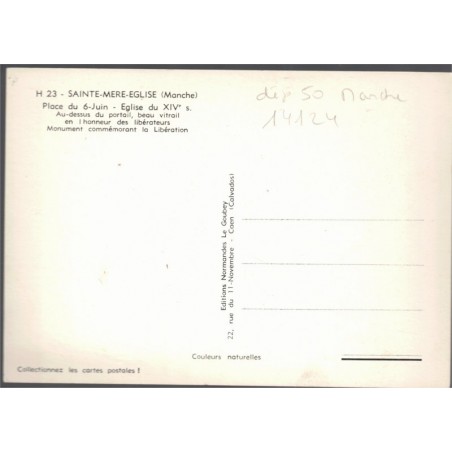 Sainte-Mère-Eglise, place du 6-Juin, Eglise du XIVe s., carte postale, département 50, Manche - église, Libération,