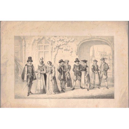 Gravure, Bourgeois strasbourgeois discutant face à la Cathédrale de Strasbourg,  Lemaître et Münch, 1850 - Alsace