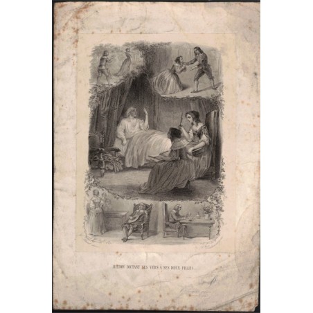 Estampe, Milton dictant ses vers à ses deux filles, Ferdinand Delannoy, Gustave Staal - Paradis Perdu, Chateaubriand