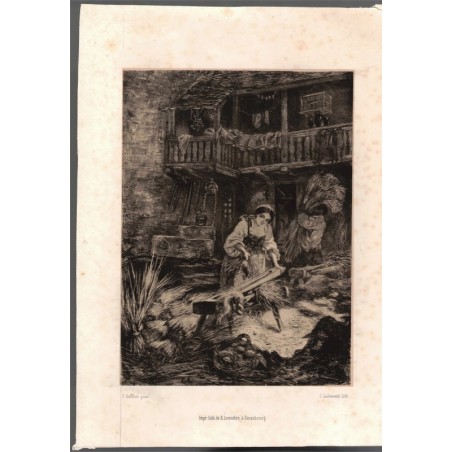 Gravure, jeune broyeuse de chanvre ou lin dans une cour de ferme alsacienne, Lemaître, 1850   - paysans alsaciens, Alsace