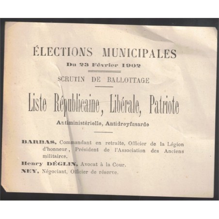 Bulletin de vote 1902 23 février élections municipales, liste patriote, antiministérielle, antidreyfusarde, Henry Déglin, -