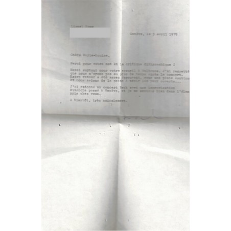 Lettre de Lionel Rogg, compositeur, claveciniste, Suisse à une Alsacienne de Mulhouse - Bach, concert, musique