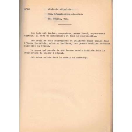 Tapuscrit Pondichéry 1945, Louis Faucheux, arbres utiles arbres d'agrément -, manuscrit, flore, Pondichéry, Indes, botanique,