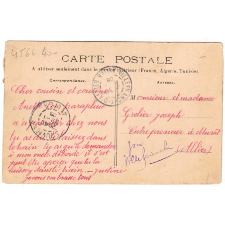 Moulins, la gare, avec timbre France Semeuse 10c rouge 1907 - carte postale 03 Allier, philatélie