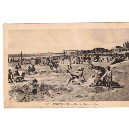 Pornichet sur la plage, 1926, et timbre France Semeuse lilas rose 20c - carte postale 44 Loire-Atlantique, philatélie,