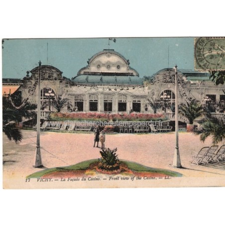 Vichy, la façade du Casino, avec timbre France Semeuse 5 cts vert 1907 - carte postale 03 Allier, philatélie