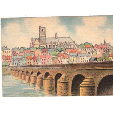 Nevers, Cathédrale vue de la Loire, Barday Georges Dayez,  -, lithographie, carte postale département Nièvre 58, illustrateur,