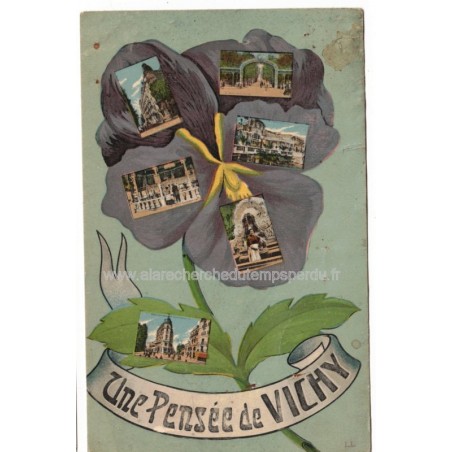 Une pensée de Vichy, timbre Semeuse lignée 15c vert-gris 1903 - carte postale département 03 Allier, fleurs, pensée, philatélie,