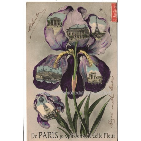 De Paris, je vous envoie cette fleur, timbre Semeuse 10c rouge 1907 - carte postale département 75 Paris, iris, philatélie,
