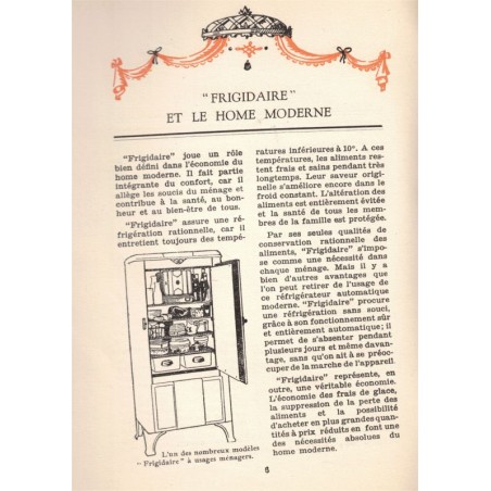 Recettes Frigidaire 1933, armoires Frigidaire, Roux - recettes, restaurants, desserts, ustensiles de cuisine, publicité,