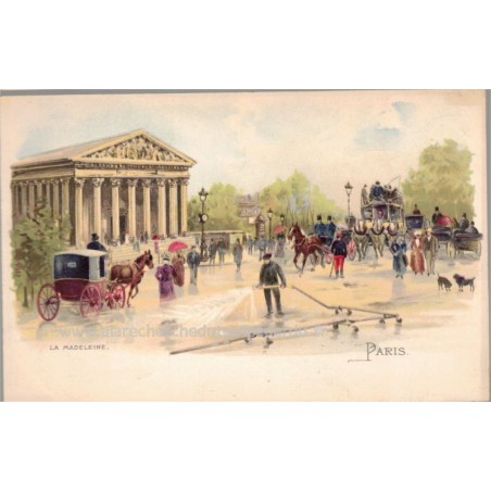 Lithographie Paris 1900, La Madeleine - place de la Madeleine, calèches, carte postale 75 Paris,