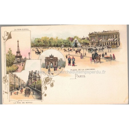 Lithographie Paris 1900, série N°6 Place de la Concorde, Rue de Rivoli,  place Carrousel, - carte postale 75 Paris,