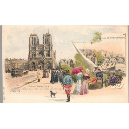 Lithographie Paris 1900, série 535 n°25, quai de l'Archevêché, Eglise Notre-Dame, - fleuriste, carte postale 75 Paris,