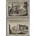 2 Gravures eau-forte XVIIIe siècle, Vue d'Italie, Vue du Temple d'Ercole dans la ville de Cora, Porte St Magloire -
