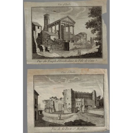 2 Gravures eau-forte XVIIIe siècle, Vue d'Italie, Vue du Temple d'Ercole dans la ville de Cora, Porte St Magloire -