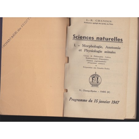 Sciences naturelles, morphologie, anatomie et physiologie animales, Chanton, 1948 - manuel de sciences naturelles, zoologie