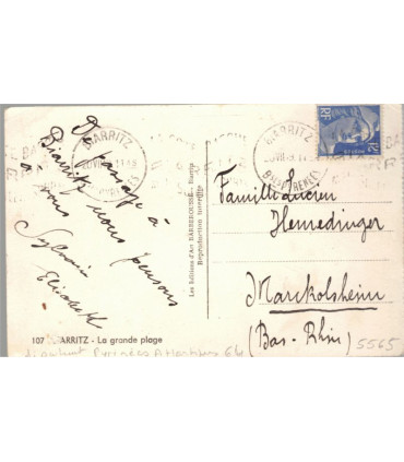 Biarritz, la grande plage,  - carte postale département 64 Pyrénées-Atlantiques, timbre Marianne 12fr 1949, philatélie,