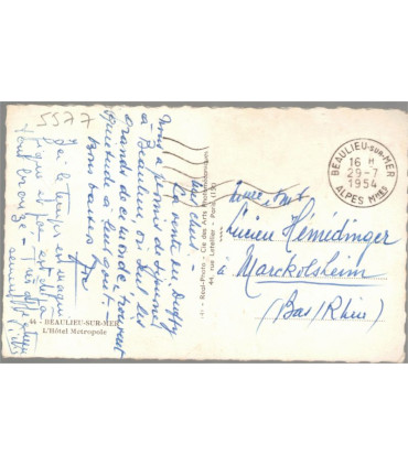 Beaulieu-sur-mer, l'hôtel Métropole 1954  - carte postale département 06 Alpes-Maritimes,