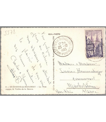 St-Etienne-de-Baigorry, la Noureppe,  - carte postale département 64 Pyrénées-Atlantiques, timbre Quimper 12f 1954, philatélie,