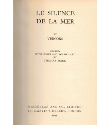 Le silence de la mer, Vercors, rare édition anglaise Thomas Mark, 1944 - Résistance, officier allemand, 2ème guerre mondiale,