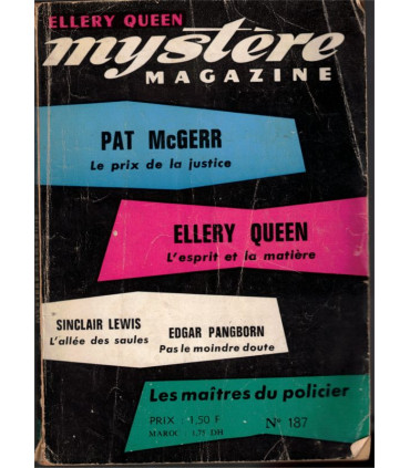 Mystère magazine Ellery Queen N°187 août 1963 -, Pat McGerr, Ellery Queen, Sinclair Lewis, Edgar Pangborn,  romans policiers,