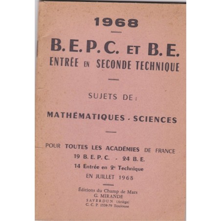 B.E.P.C. et Brevet d'Etudes 1968 mathématiques et sciences Mirande