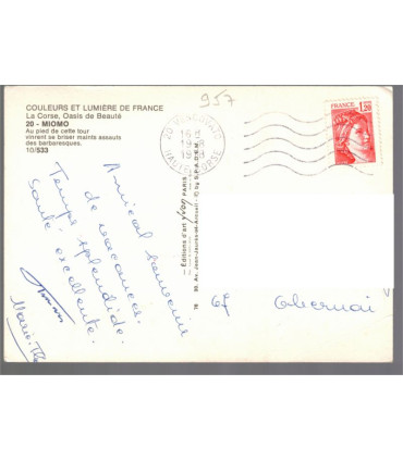 Miomo, au pied de cette tour, timbre-poste type sabine de Gandon 1F20 1978   - carte postale département 20 Corse, philatélie