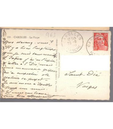 Carolles, la plage, timbre-poste Marianne de Gandon 12f 1951  - carte postale département 50 Manche, philatélie,