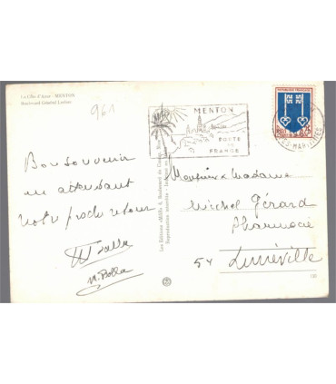 Menton, Boulevard Général Leclerc, timbre-poste Mont-de-Marsan 1966, - Côte d'Azur, armoiries, carte postale 06 Alpes-Maritimes,